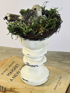 Bird Nest with Eggs on Pedestal Moss French Cottage Decor Woodland